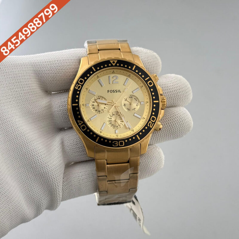 Fossil Bannon Black Bazel Golden Dial Swiss Watch