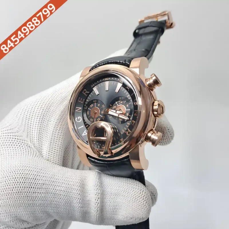 Aigner Bari Rose Gold Chronograph Black Dial Black Leather Swiss Watch - Image 2