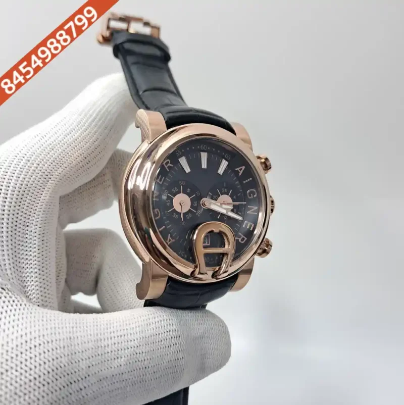 Aigner Bari Rose Gold Chronograph Black Dial Black Leather Swiss Watch - Image 3