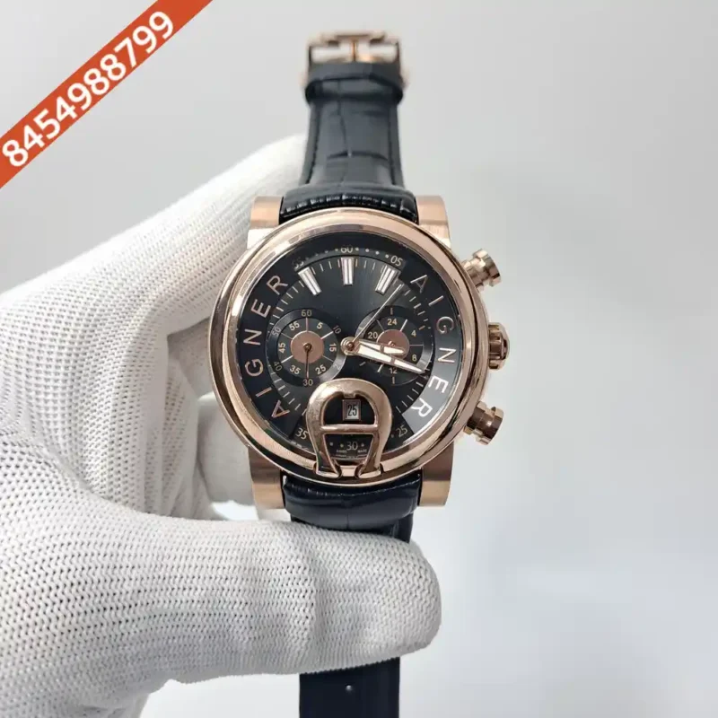 Aigner Bari Rose Gold Chronograph Black Dial Black Leather Swiss Watch