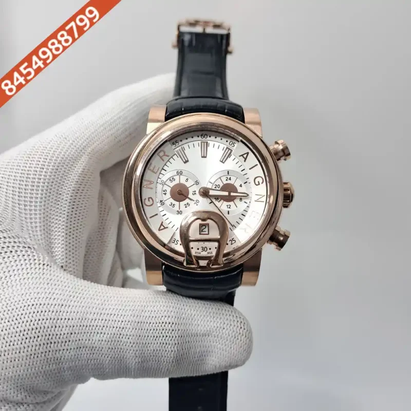 Aigner Bari Rose Gold Chronograph White Dial Black Leather Swiss Watch