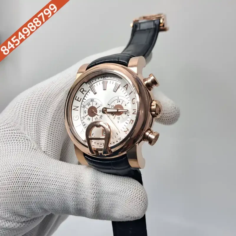 Aigner Bari Rose Gold Chronograph White Dial Black Leather Swiss Watch - Image 2