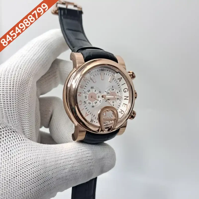 Aigner Bari Rose Gold Chronograph White Dial Black Leather Swiss Watch - Image 3