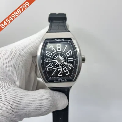 Franck Muller Vangaurd Crazy Hours Black Dial Black Leather Strap Swiss Automatic Watch