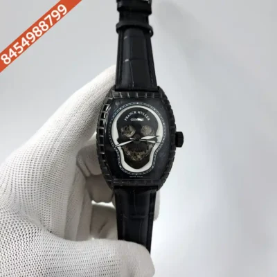 Franck Muller Croco Skull Full Black Edition Black Leather Strap Swiss Automatic Watch