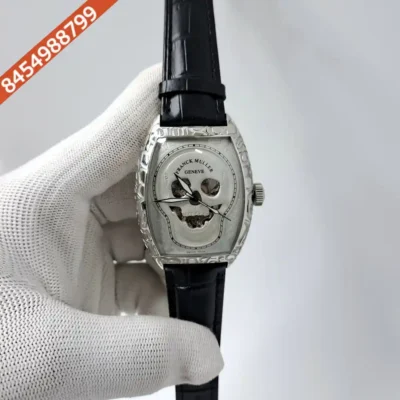 Franck Muller Croco Skull Silver White Edition Black Leather Strap Swiss Automatic Watch