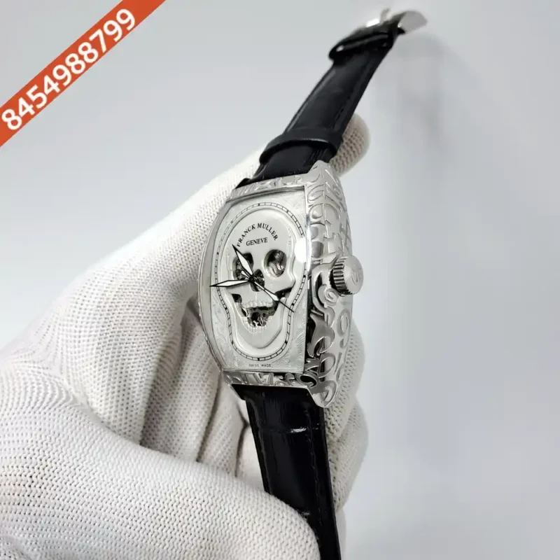 Franck Muller Croco Skull Silver White Edition Black Leather Strap Swiss Automatic Watch - Image 3