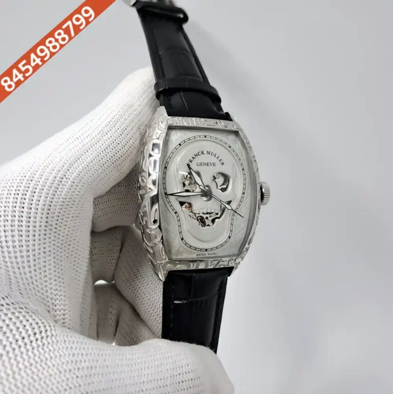 Franck Muller Croco Skull Silver White Edition Black Leather Strap Swiss Automatic Watch - Image 2
