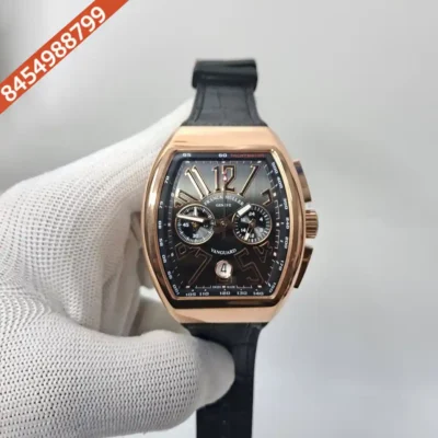 Franck Muller VANGAURD Chronograph Rose Gold Black Dial Black Leather Strap Swiss Watch