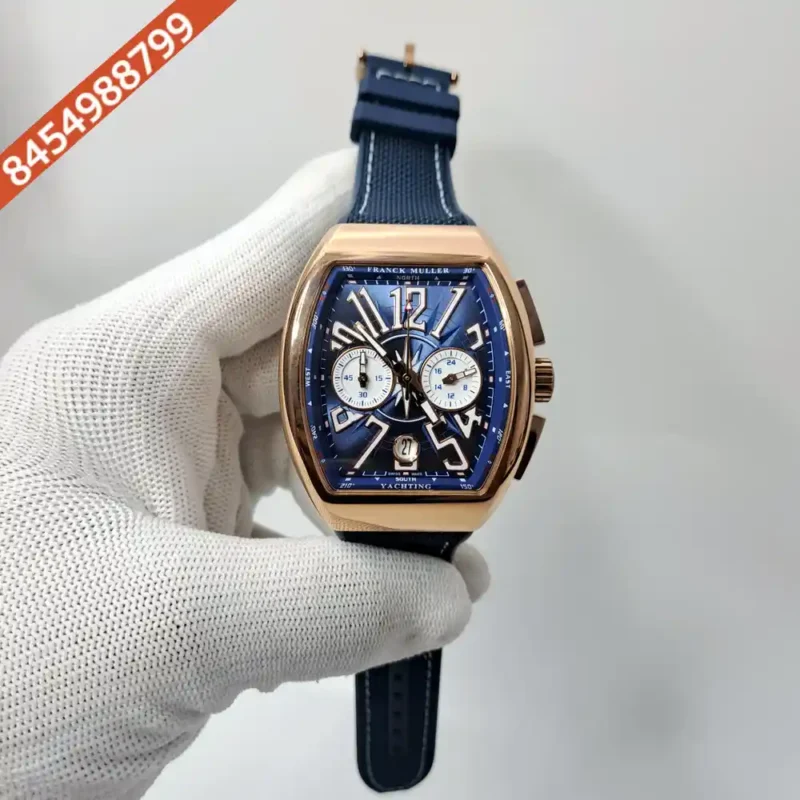 Franck Muller VANGAURD Chronograph Rose Gold Blue Dial Blue Leather Strap Swiss Watch