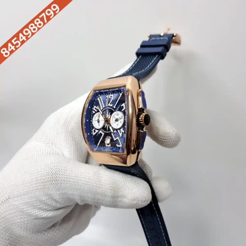 Franck Muller VANGAURD Chronograph Rose Gold Blue Dial Blue Leather Strap Swiss Watch - Image 2
