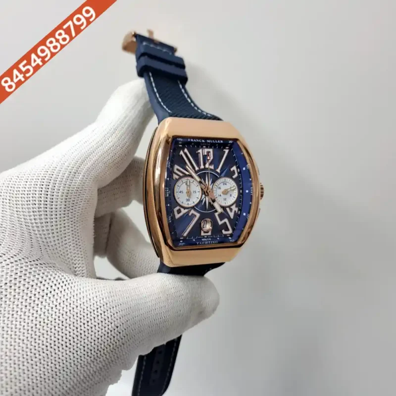 Franck Muller VANGAURD Chronograph Rose Gold Blue Dial Blue Leather Strap Swiss Watch - Image 3