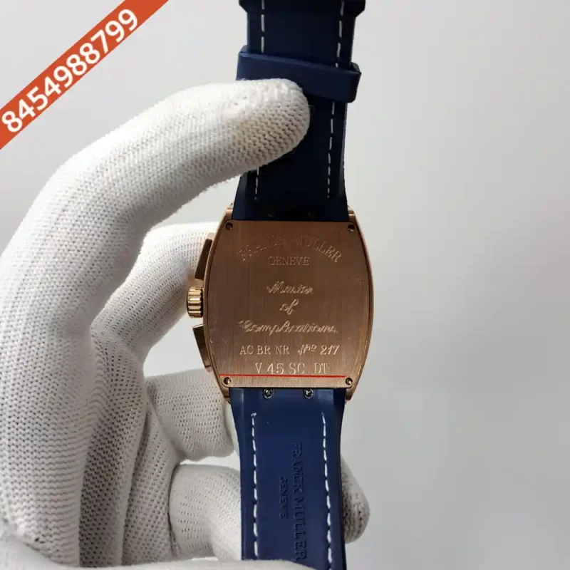 Franck Muller VANGAURD Chronograph Rose Gold Blue Dial Blue Leather Strap Swiss Watch - Image 4