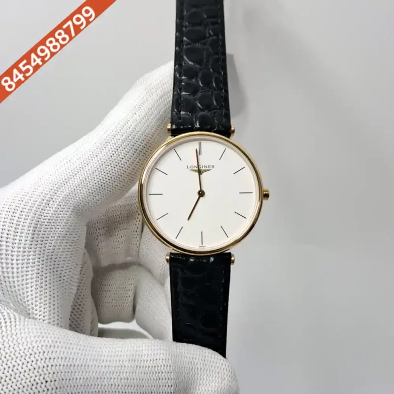 Longines La Grande Classique Gold Bazel White Dial Black Leather Strap Swiss Watch