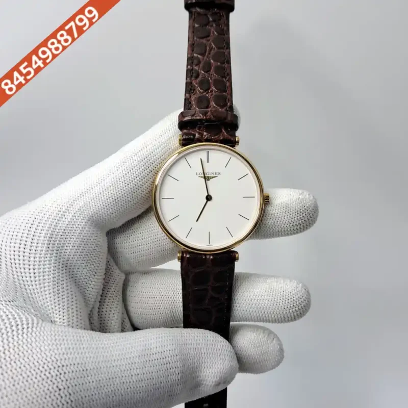 Longines La Grande Classique Full Gold White Dial Brown Leather Strap Swiss Watch