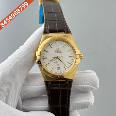 Omega Constellation Co Axial Gold White Dial Brown Leather Swiss Automatic Watch