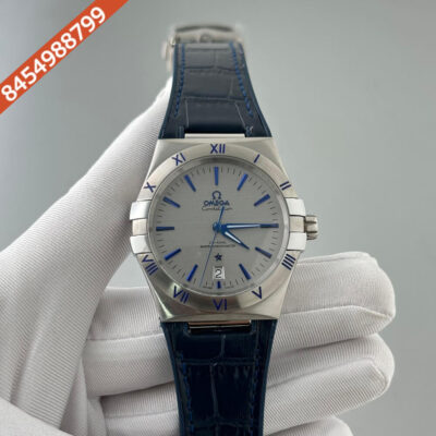 Omega Constellation Co Axial Silver Grey Dial Navy Black Leather Swiss Automatic Watch