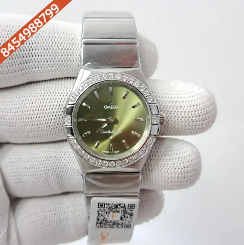 Omega Constellation Steel Diamond Bazel Stick Marker Green Dial Swiss Watch