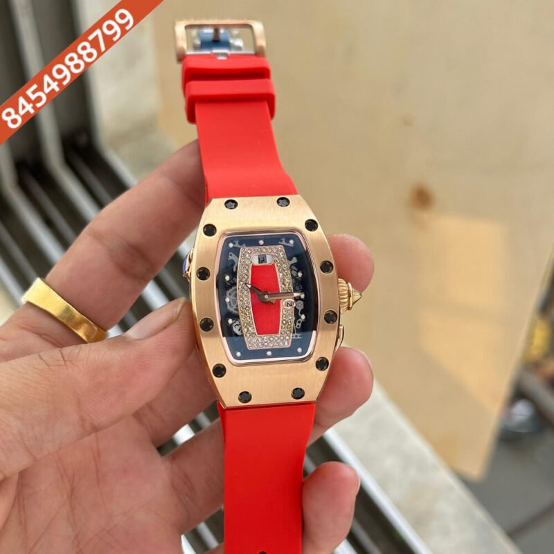 Richard Mille Ceramic Red Lip Rose Gold Bazel Red Rubber Strap Swiss Automatic Watch