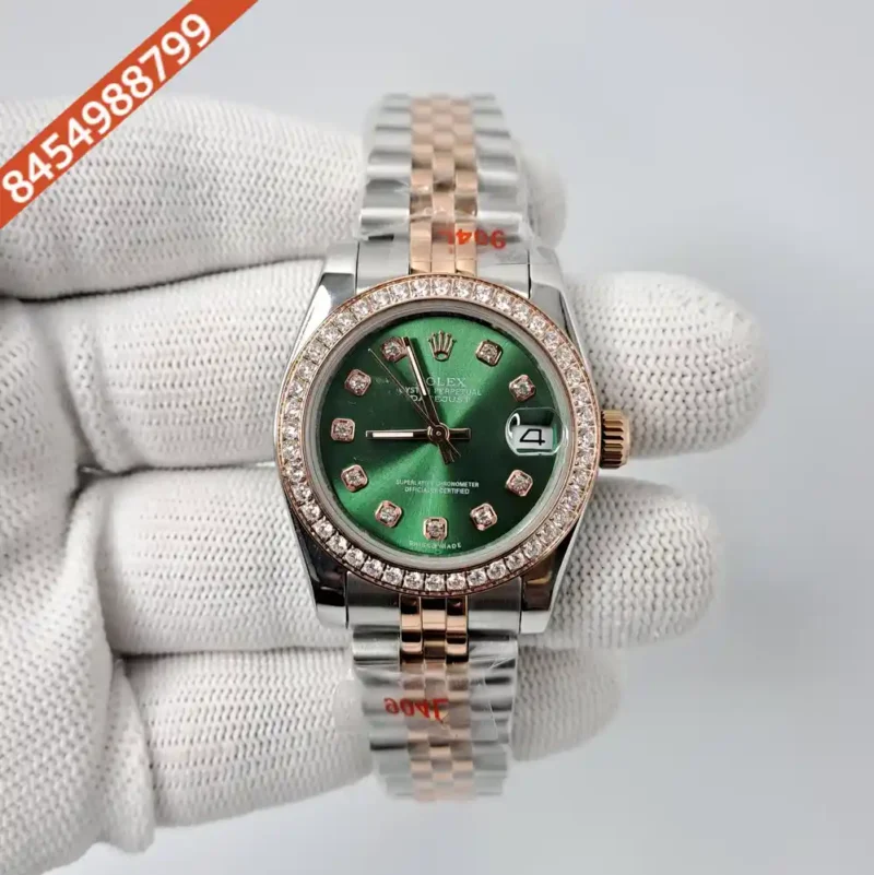 Rolex Date-Just Diamond Bazel Dual Tone Green Dial Swiss Automatic Watch