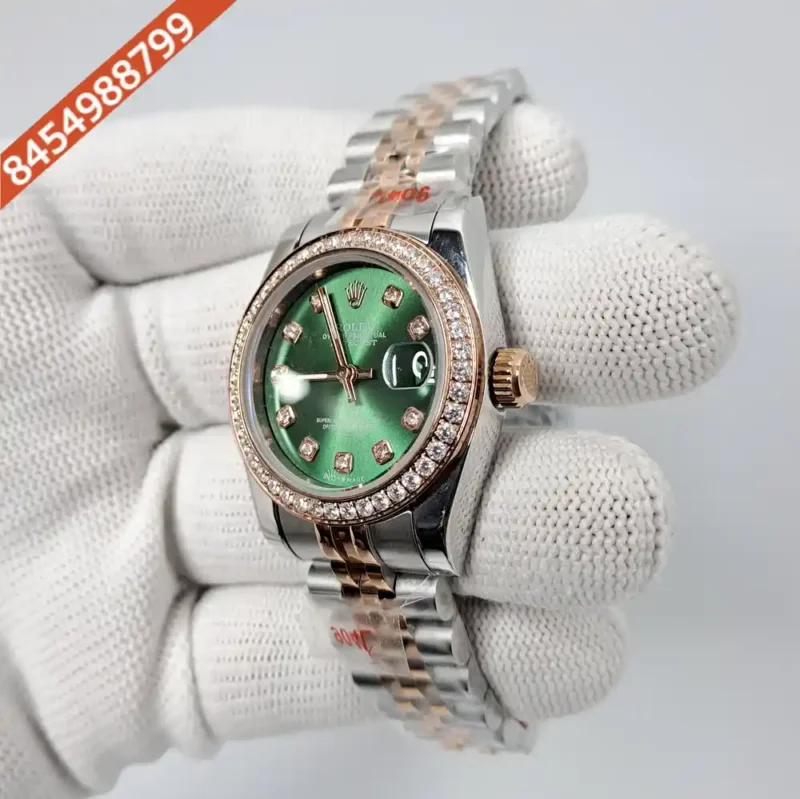 Rolex Date-Just Diamond Bazel Dual Tone Green Dial Swiss Automatic Watch - Image 3