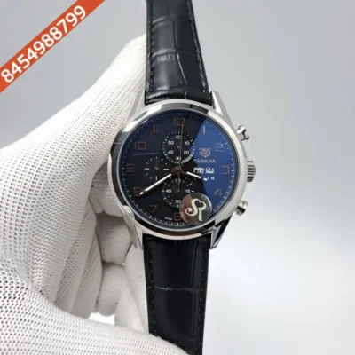 Tag Heuer Aquaracer Day-Date Chronometer Black Dial Black Leather Strap Swiss Watch