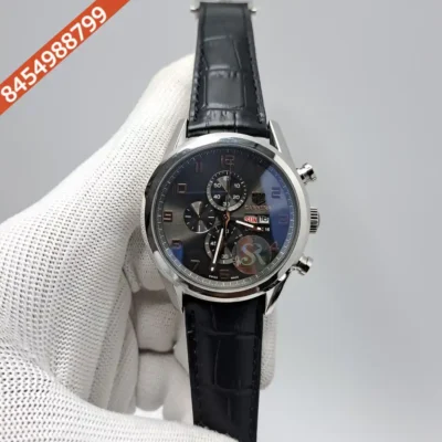 Tag Heuer Aquaracer Day-Date Chronometer Grey Dial Black Leather Strap Swiss Watch