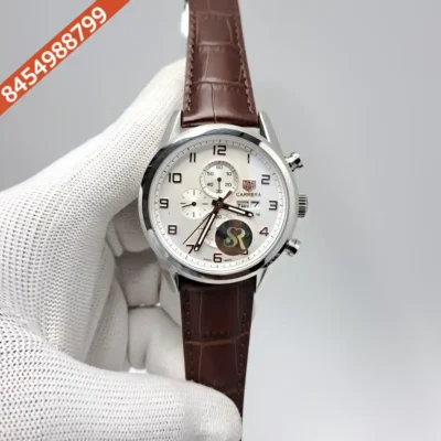 Tag Heuer Aquaracer Day-Date Chronometer White Dial Brown Leather Strap Swiss Watch
