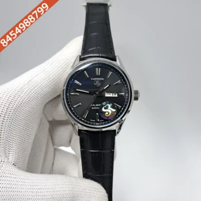 Tag Heuer Caliber 5 Steel Day-Date Black Dial Black Leather Strap Swiss Automatic Watch