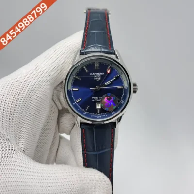 Tag Heuer Caliber 5 Steel Twin Time Blue Dial Blue Leather Strap Swiss Automatic Watch