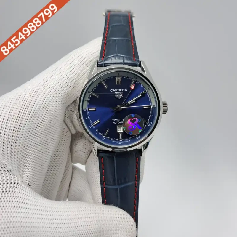 Tag Heuer Caliber 5 Steel Twin Time Blue Dial Blue Leather Strap Swiss Automatic Watch
