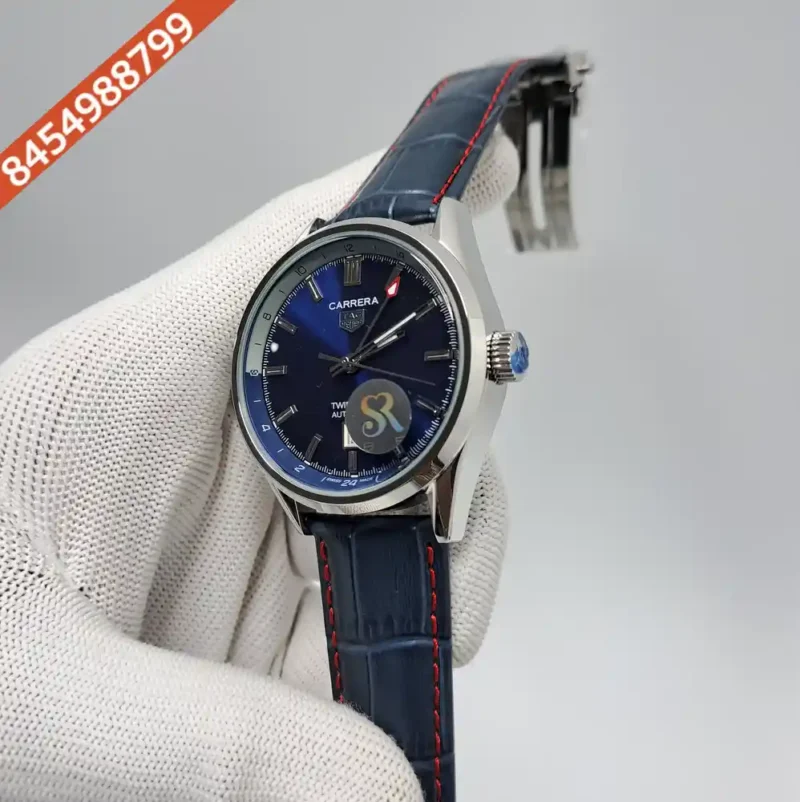 Tag Heuer Caliber 5 Steel Twin Time Blue Dial Blue Leather Strap Swiss Automatic Watch - Image 2
