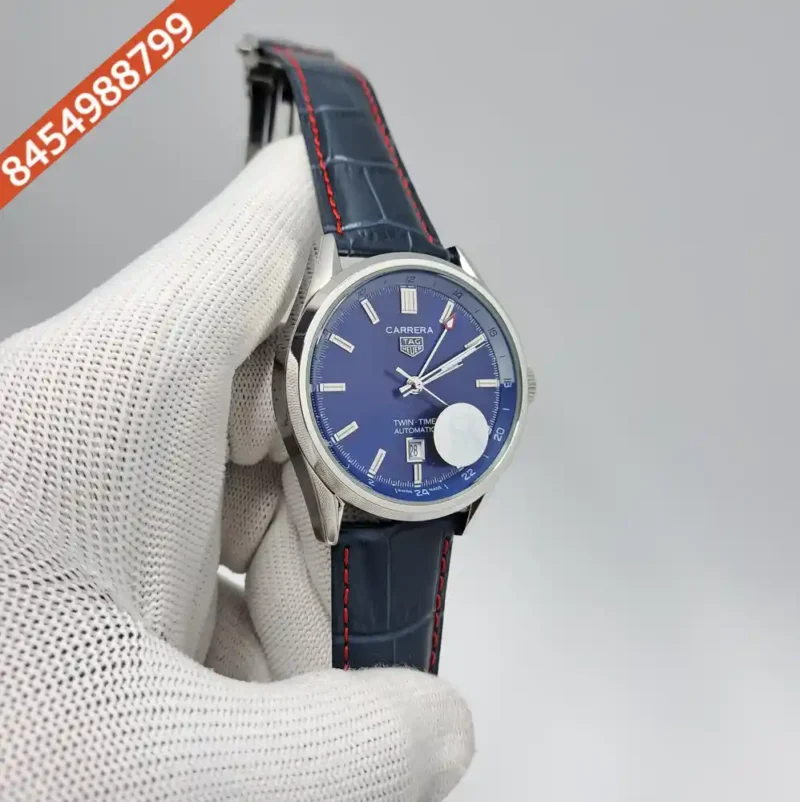 Tag Heuer Caliber 5 Steel Twin Time Blue Dial Blue Leather Strap Swiss Automatic Watch - Image 3