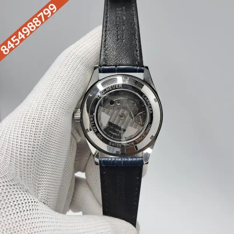 Tag Heuer Caliber 5 Steel Twin Time Blue Dial Blue Leather Strap Swiss Automatic Watch - Image 4