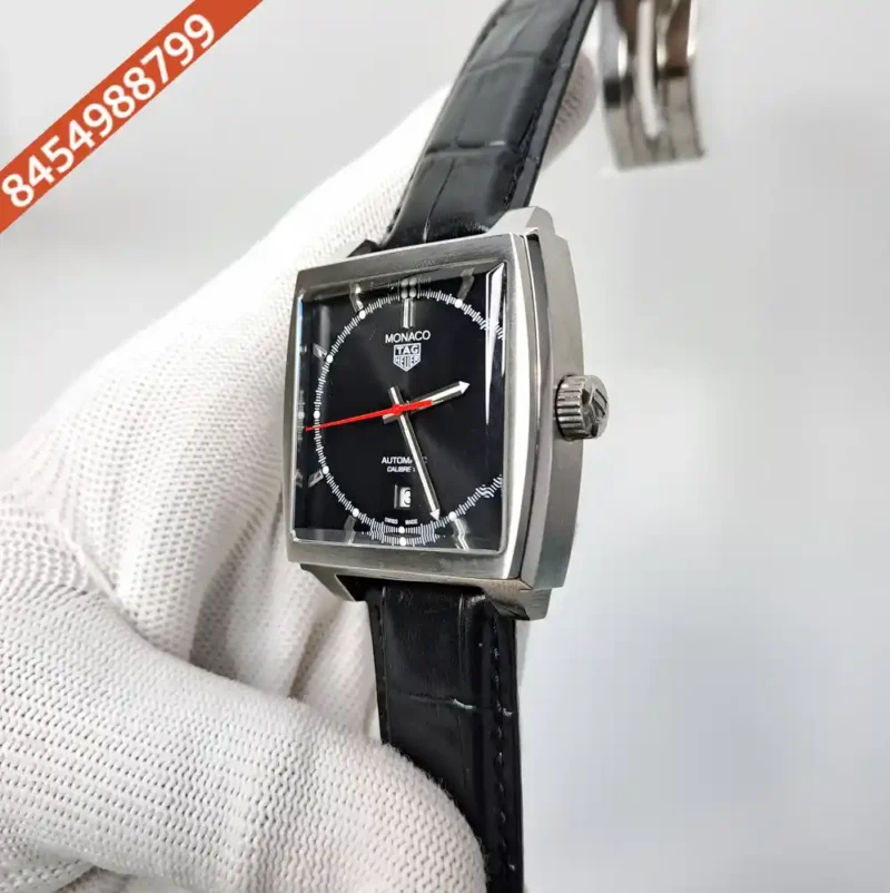 Tag Heuer Monaco Black Dial Black Leather Swiss Automatic Watch - Image 2