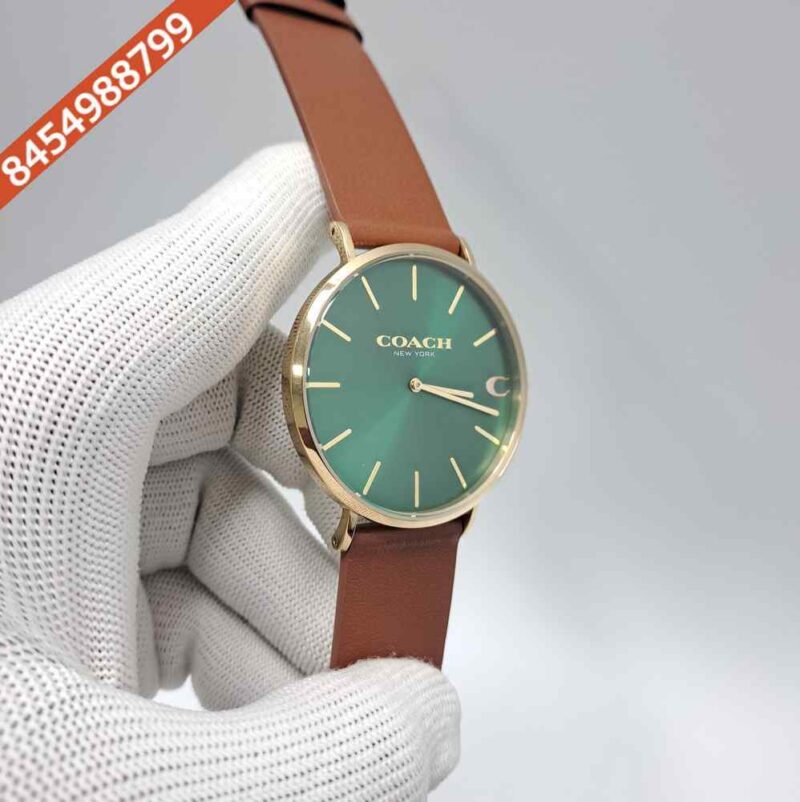 Coach Charles Gold Green Dial Brown Leather Swiss Watch - Image 2