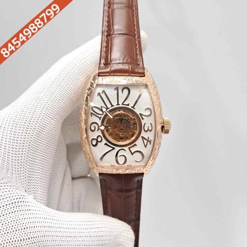 Franck Muller Cintree Curvex Rose Gold White Dial Brown Leather Strap Swiss Automatic Watch