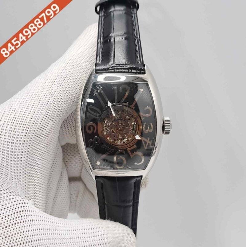 Franck Muller Cintree Curvex Silver Black Dial Black Leather Strap Swiss Automatic Watch