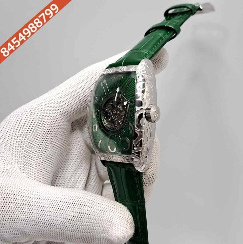 Franck Muller Cintree Curvex Silver Green Dial Green Leather Strap Swiss Automatic Watch - Image 2
