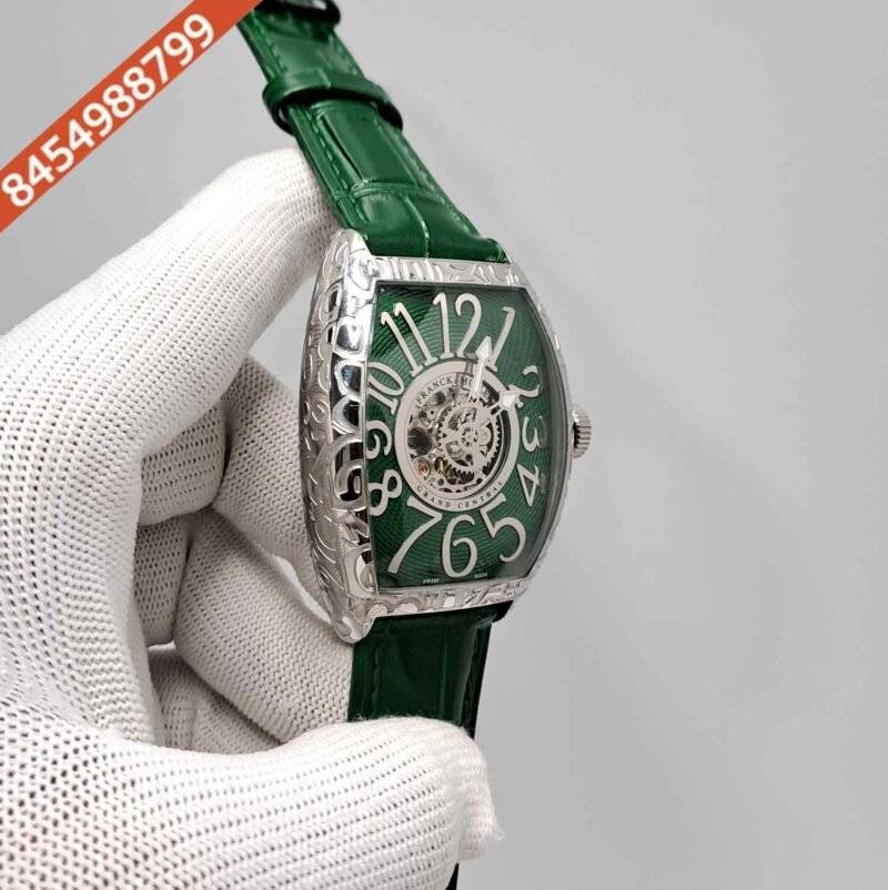 Franck Muller Cintree Curvex Silver Green Dial Green Leather Strap Swiss Automatic Watch - Image 3