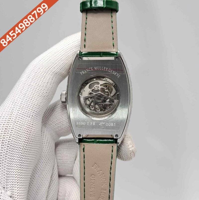 Franck Muller Cintree Curvex Silver Green Dial Green Leather Strap Swiss Automatic Watch - Image 4