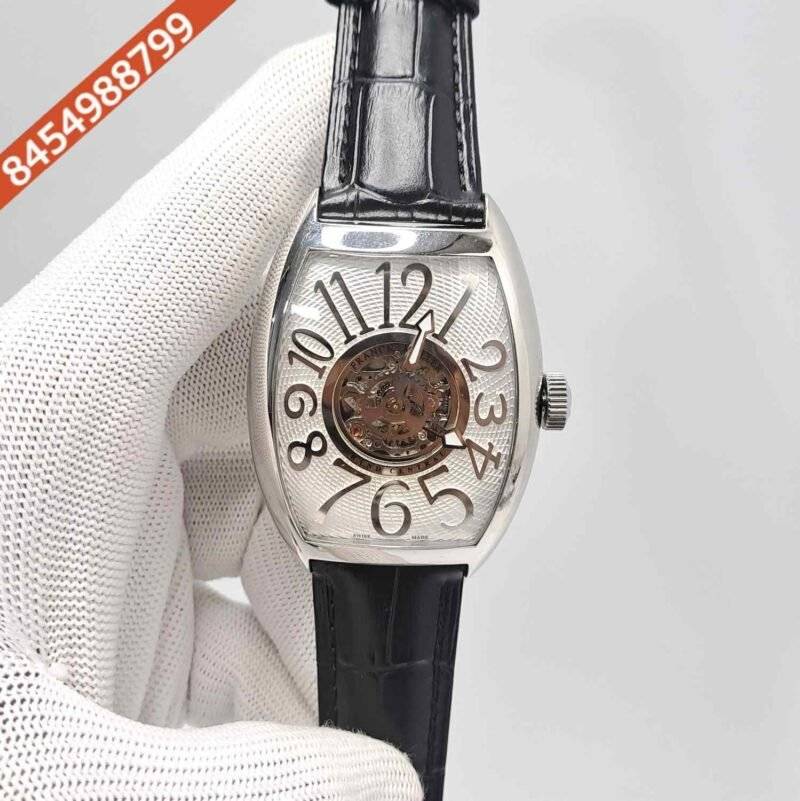 Franck Muller Cintree Curvex Silver White  Dial Black Leather Strap Swiss Automatic Watch
