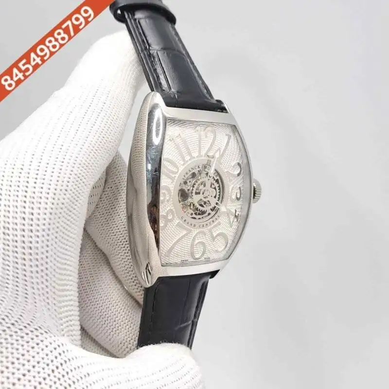 Franck Muller Cintree Curvex Silver White  Dial Black Leather Strap Swiss Automatic Watch - Image 3
