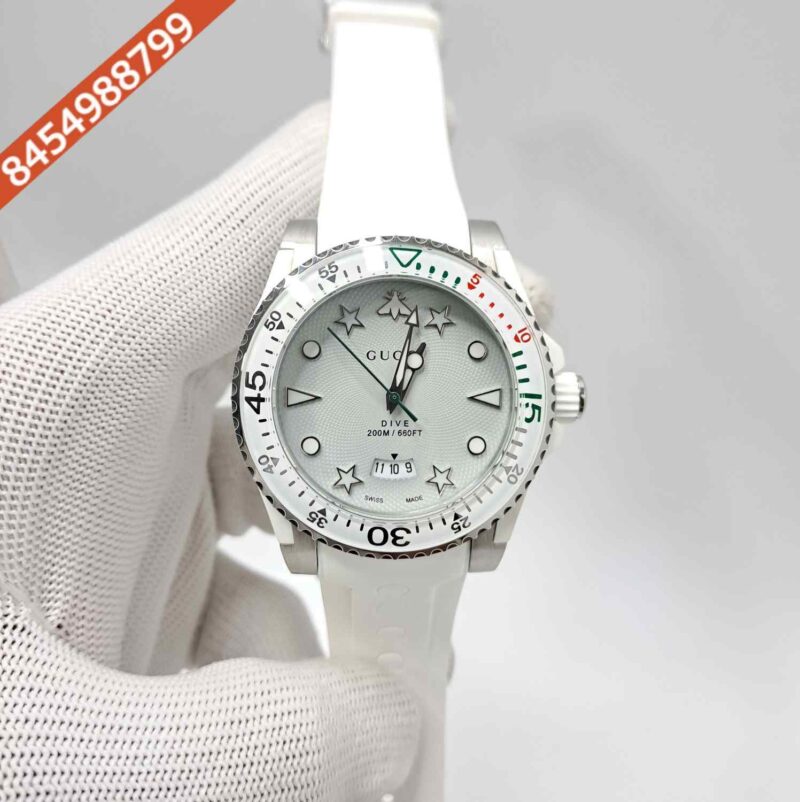 Gucci DIVE Steel White Date Edition Rubber Strap Swiss Watch