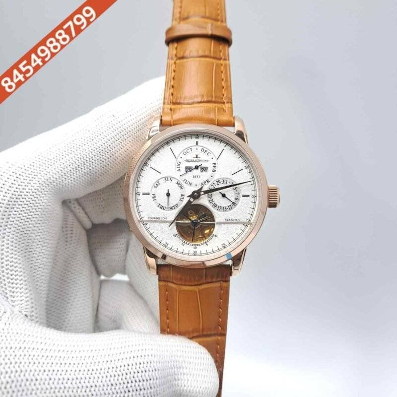 Jaeger LeCoultre Perpetual Calendar Tourbillon Rose gold White Dial Leather Strap Swiss Automatic Watch