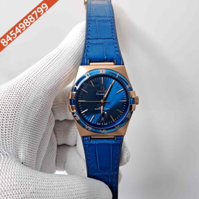 Omega Constellation Co-Axial Rose Gold Blue dial Blue Leather Swiss Automatic Watch
