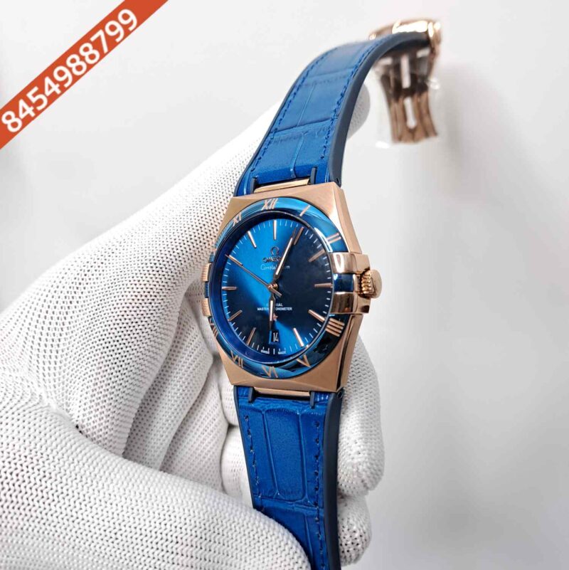 Omega Constellation Co-Axial Rose Gold Blue dial Blue Leather Swiss Automatic Watch - Image 2