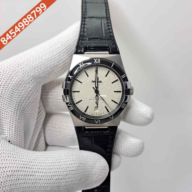 Omega Constellation Co-Axial Silver White Dial Black Leather Swiss Automatic Watch