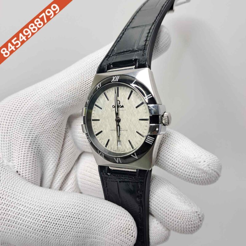 Omega Constellation Co-Axial Silver White Dial Black Leather Swiss Automatic Watch - Image 2