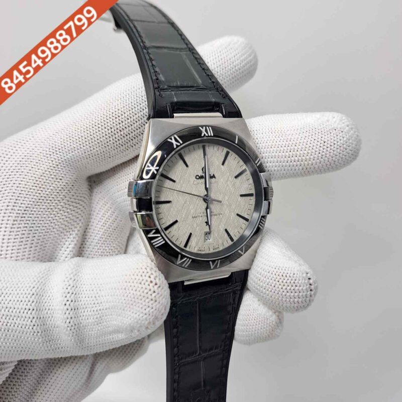 Omega Constellation Co-Axial Silver White Dial Black Leather Swiss Automatic Watch - Image 3